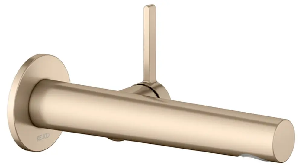 Keuco-Waschtischarmatur mit wandmontierter Auslauf. Zylindrische Form und einhebeliger Bedienung. Oberfläche in Bronze-Optik.